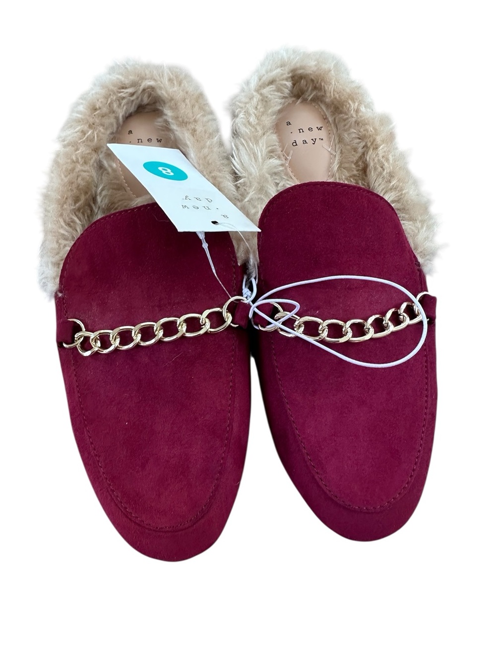 NWT A New Day Red Burgundy Faux Fur Mule Flats Gold Chain Size 8
